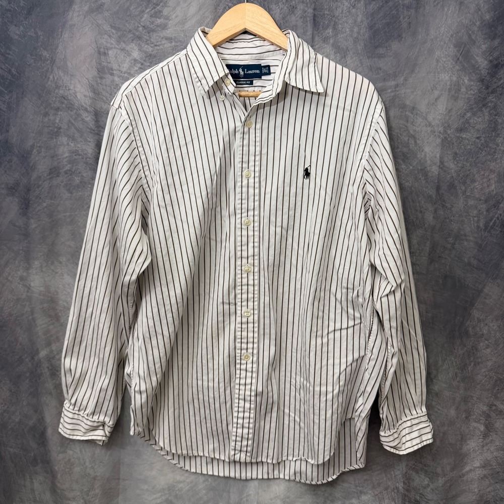 Ralph Lauren Classic Fit Striped Button Down Shirt White Brown 16.5 34/35